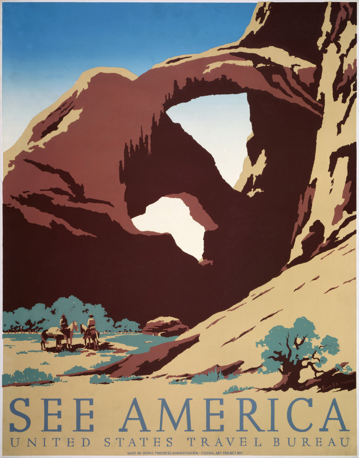 See America, cowboys at red rock arch, 1936 poster